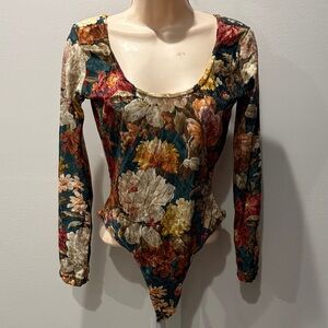 Vintage In Charge Floral Print Long Sleeve Bodysuit Size M Velour Y2K Preppy